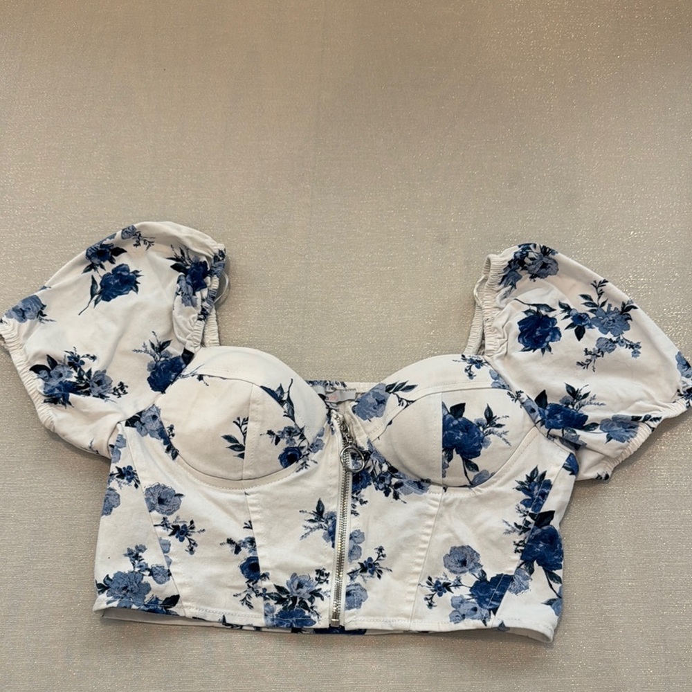 Elegant Blue Floral Corset Blouse